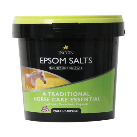 Black plastic bucket with lime green lid labeled lincoln epsom salts for traditional horse care and horse vitamins use