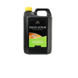 Black plastic jug with yellow cap and handle labeled lincoln equo-scrub antiseptic skin sanitiser for horses powerful antibacterial skin cleanser