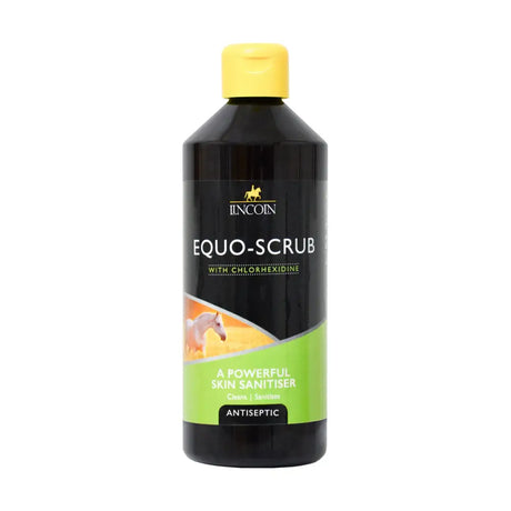 Black plastic lincoln equo-scrub bottle with yellow cap green label powerful antibacterial skin cleanser for horses