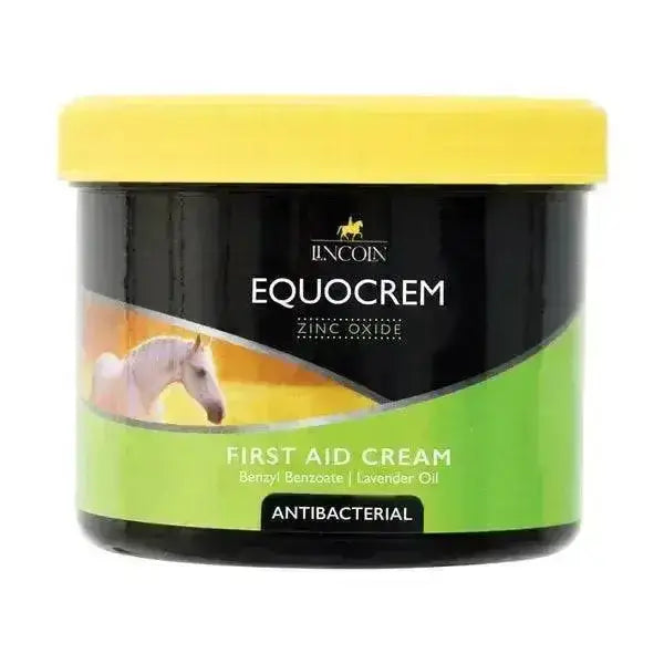 Black jar of lincoln equocrem zinc oxide based antibacterial cream with benzyl benzoate lavender and horse image label