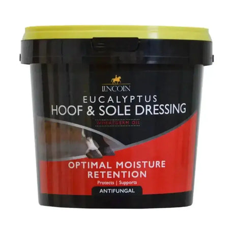 Black and red plastic bucket with bright yellow lid labeled lincoln eucalyptus hoof oil moisture-regulating hoof ointment