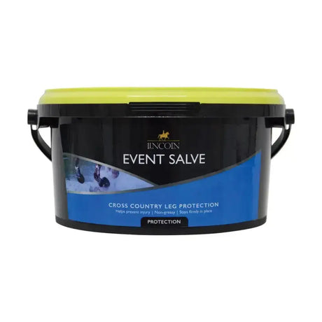 Black and lime green plastic bucket of lincoln event salve for cross country leg protection by professional event riders