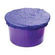 Purple plastic lincoln feed bucket cover with crinkled blue lid and elasticated hem fits securely on feed buckets
