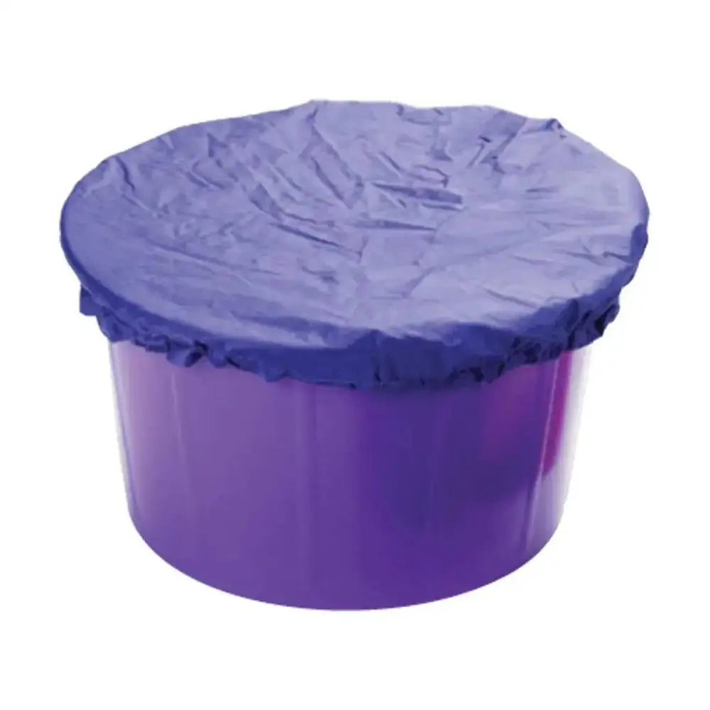 Purple lincoln feed bucket cover with a crinkled blue plastic lid and elasticated hem fits snugly