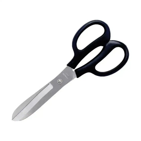 Black-handled lincoln fetlock scissors with stainless steel serrated curved blade for precise trimming