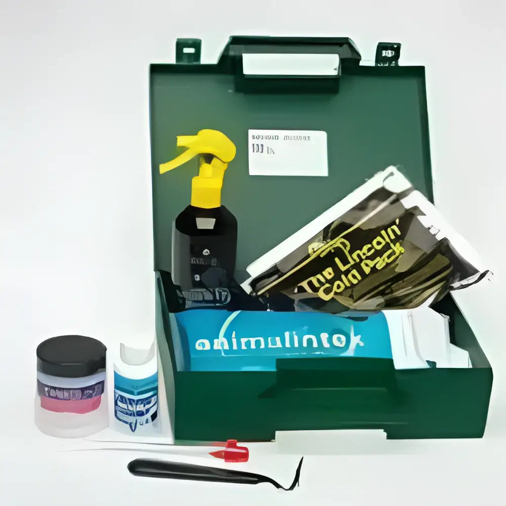Green plastic lincoln antibacterial first aid kit with yellow spray bottle and metal hoof pick for pet care