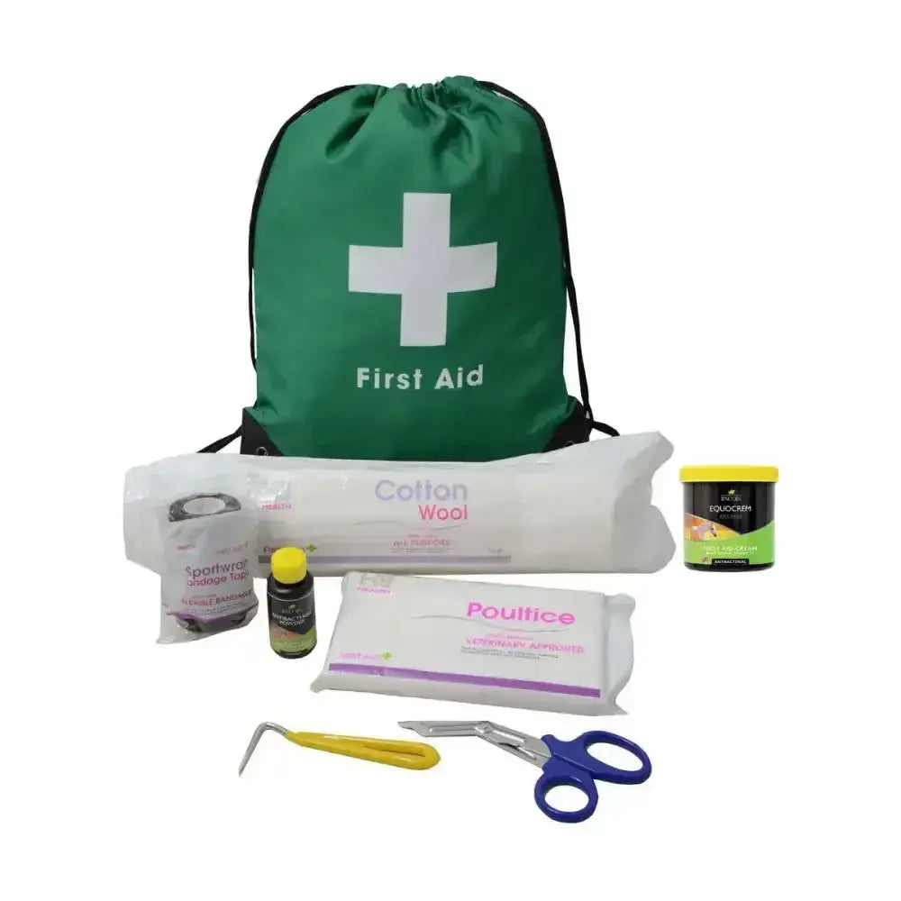 Green lincoln first aid travel bag with handy drawstring and white cross perfect for compact aid kits