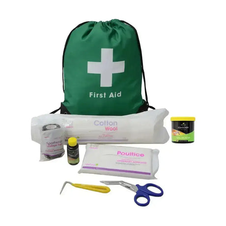 Green lincoln first aid travel bag with handy drawstring and white cross perfect for compact aid kits