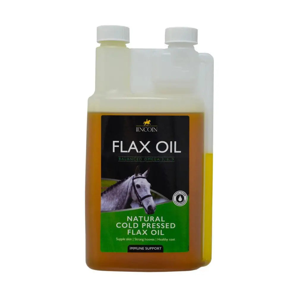 A clear plastic bottle of lincoln flax oil with white caps containing amber cold pressed oil for horse vitamins