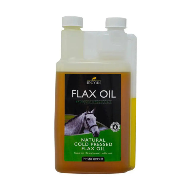 A clear plastic bottle of lincoln flax oil with white caps containing amber cold pressed oil for horse vitamins