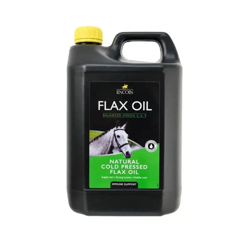 Black plastic jug of lincoln flax oil cold pressed oil with yellow cap and handle for horse vitamins use