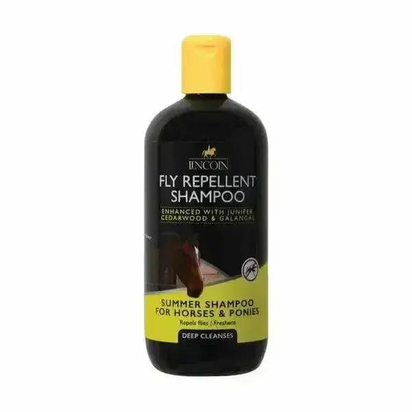 Black bottle lincoln fly repellent shampoo with yellow cap and label enhanced with juniper cedarwood and galangal ideal summer shampoo with added fly protection