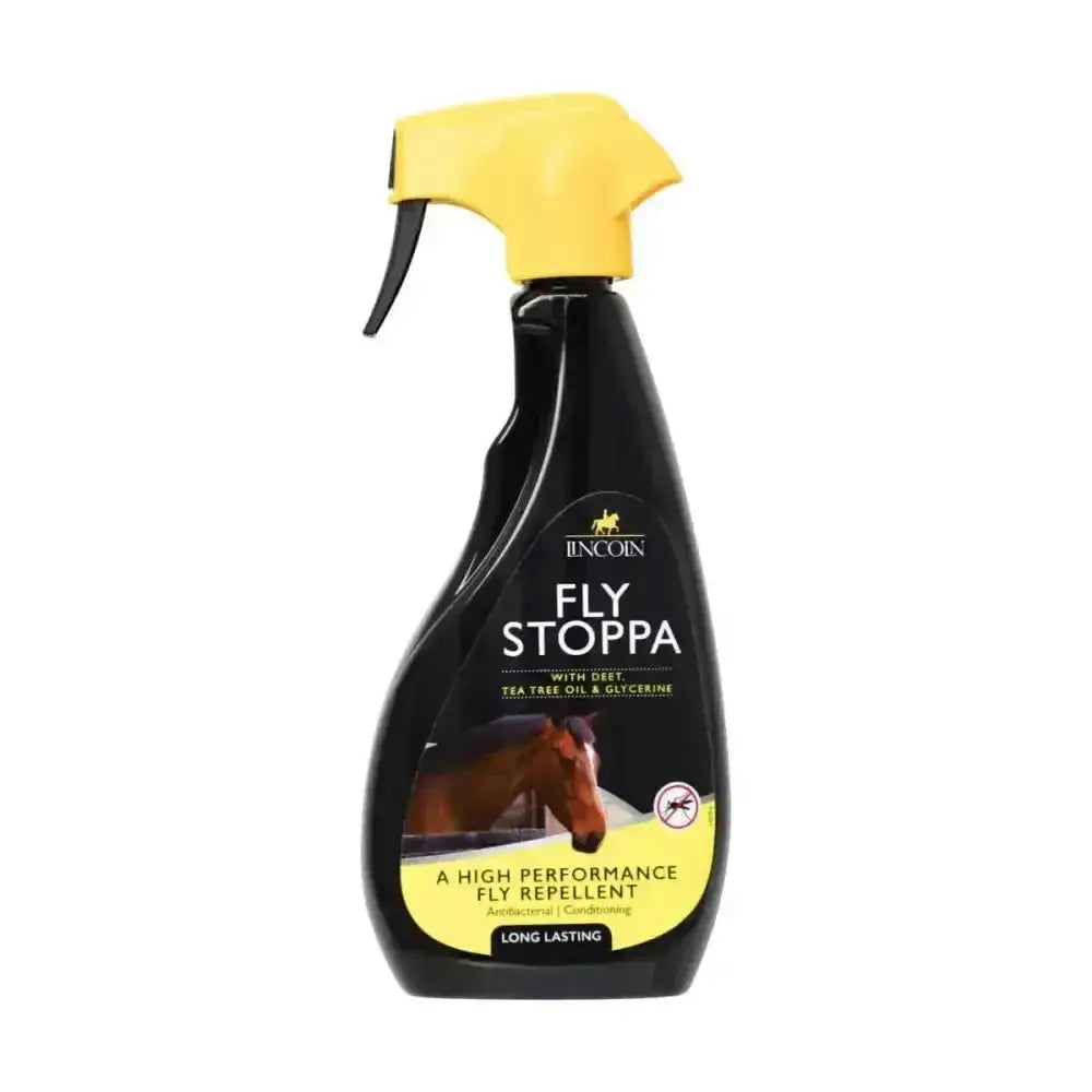 Black spray bottle with yellow trigger labeled incoin fly stoppa dual action fly repellent for horses lincoln fly stoppa