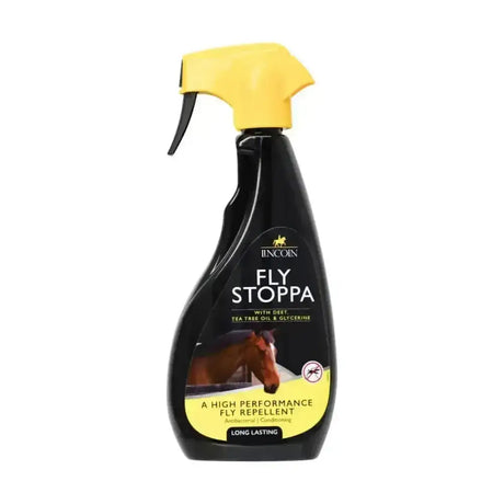 Black spray bottle with yellow trigger labeled incoin fly stoppa dual action fly repellent for horses lincoln fly stoppa