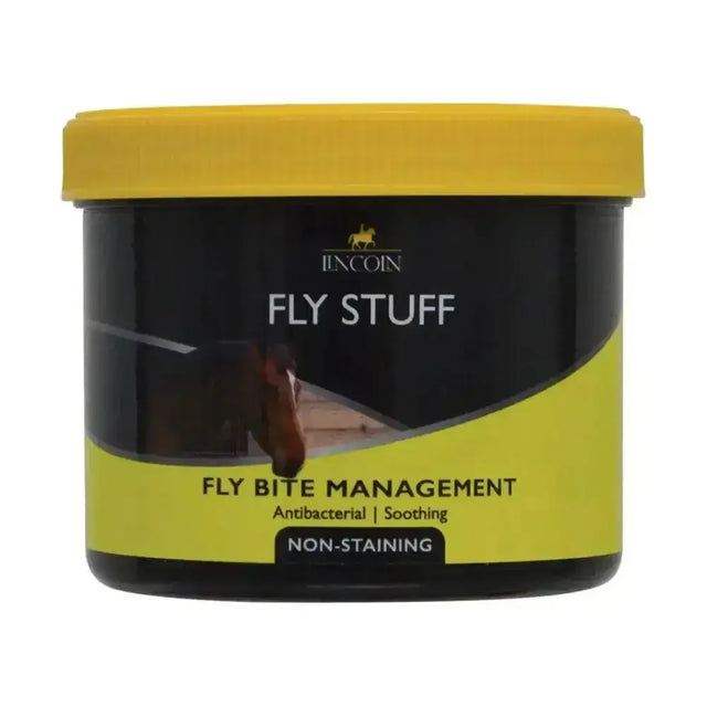 Yellow-lidded black container of lincoln fly stuff summer fly cream with antibacterial and soothing properties non-staining version