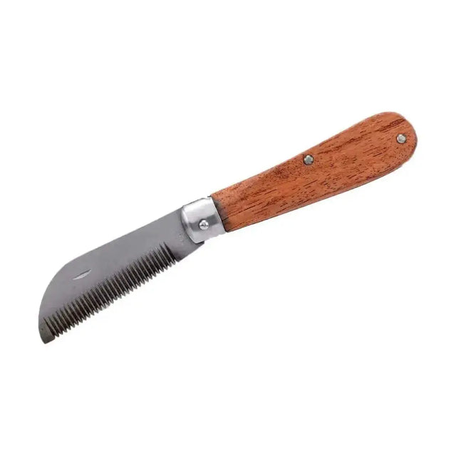 Lincoln folding thinning handy knife with smooth light brown wooden handle and fine metallic blade teeth for mane and tail care