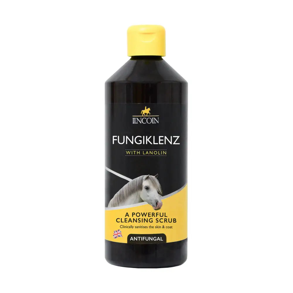 Black plastic bottle with yellow cap and label of lincoln fungiklenz effective antifungal shampoo for horses