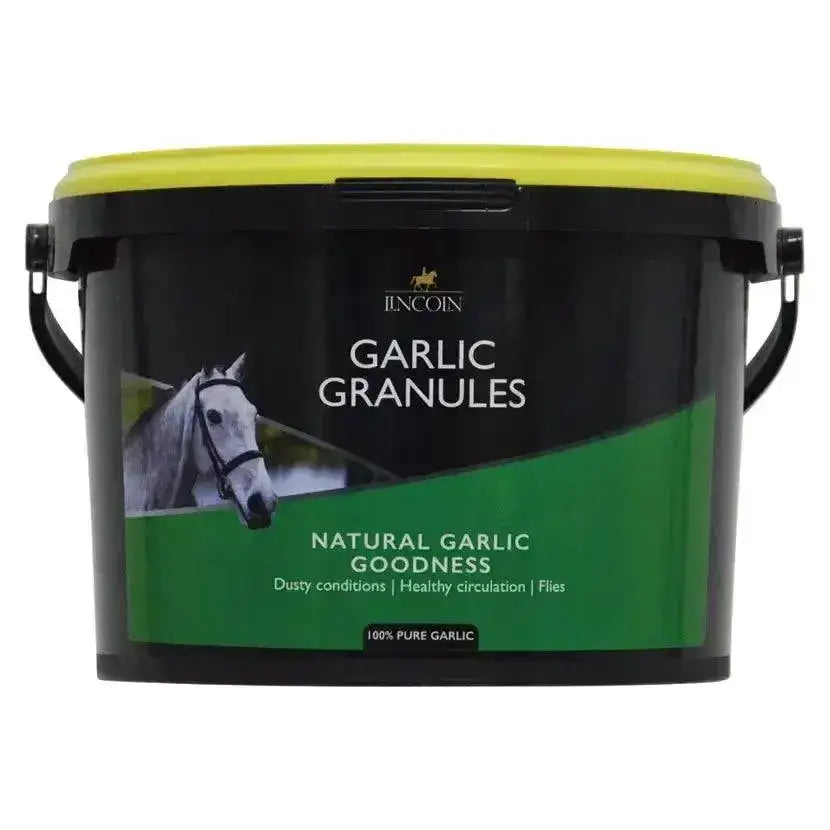 Black plastic bucket with bright yellow lid and green lincoln label of lincoln garlic granules for horse vitamins