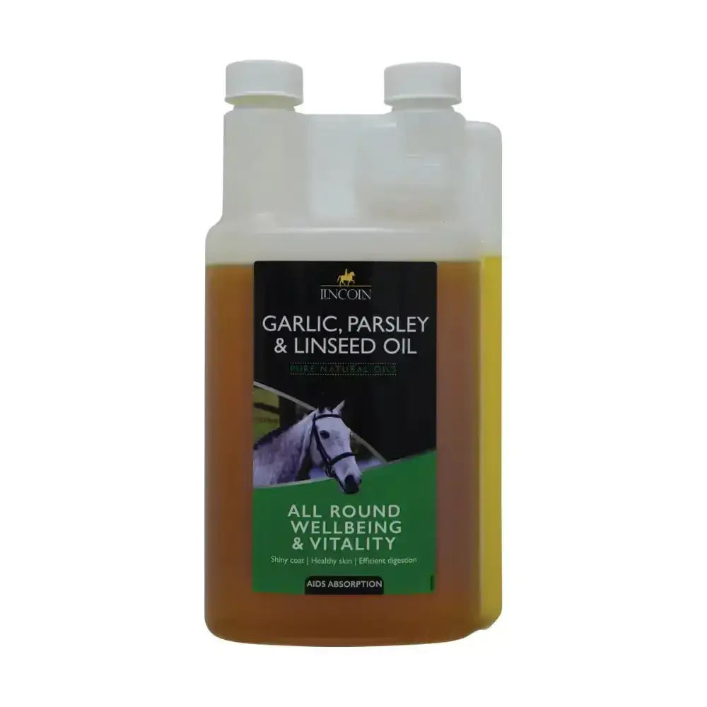 A clear plastic bottle with white cap containing amber nutritious linseed oil with lincoln garlic parsley for horse vitamins by incoin
