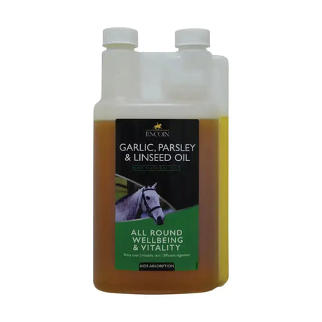 A clear plastic bottle with white cap containing amber nutritious linseed oil with lincoln garlic parsley for horse vitamins by incoin