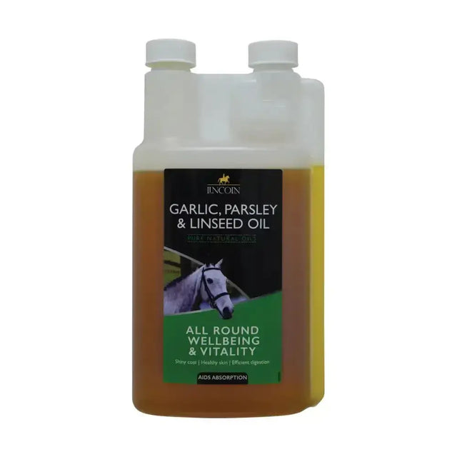 A clear plastic bottle with white cap containing amber nutritious linseed oil with lincoln garlic parsley for horse vitamins by incoin
