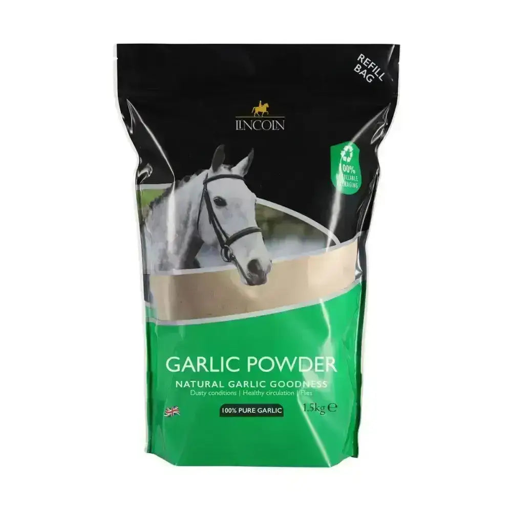 Lincoln garlic powder 1.5kg refill pack with green garlic powder and white horse image for horse supplements vitamins