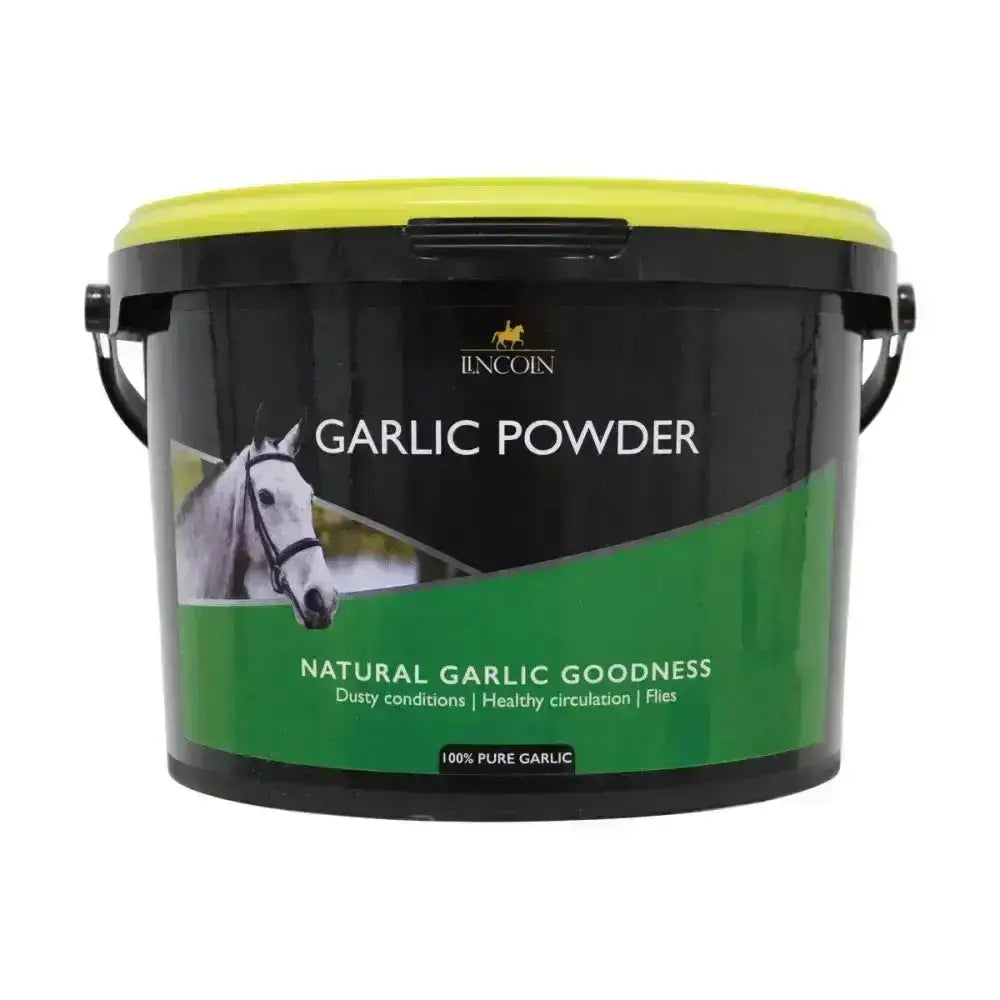 Black and green plastic bucket with bright yellow lid labeled lincoln garlic powder for horse supplements vitamins use