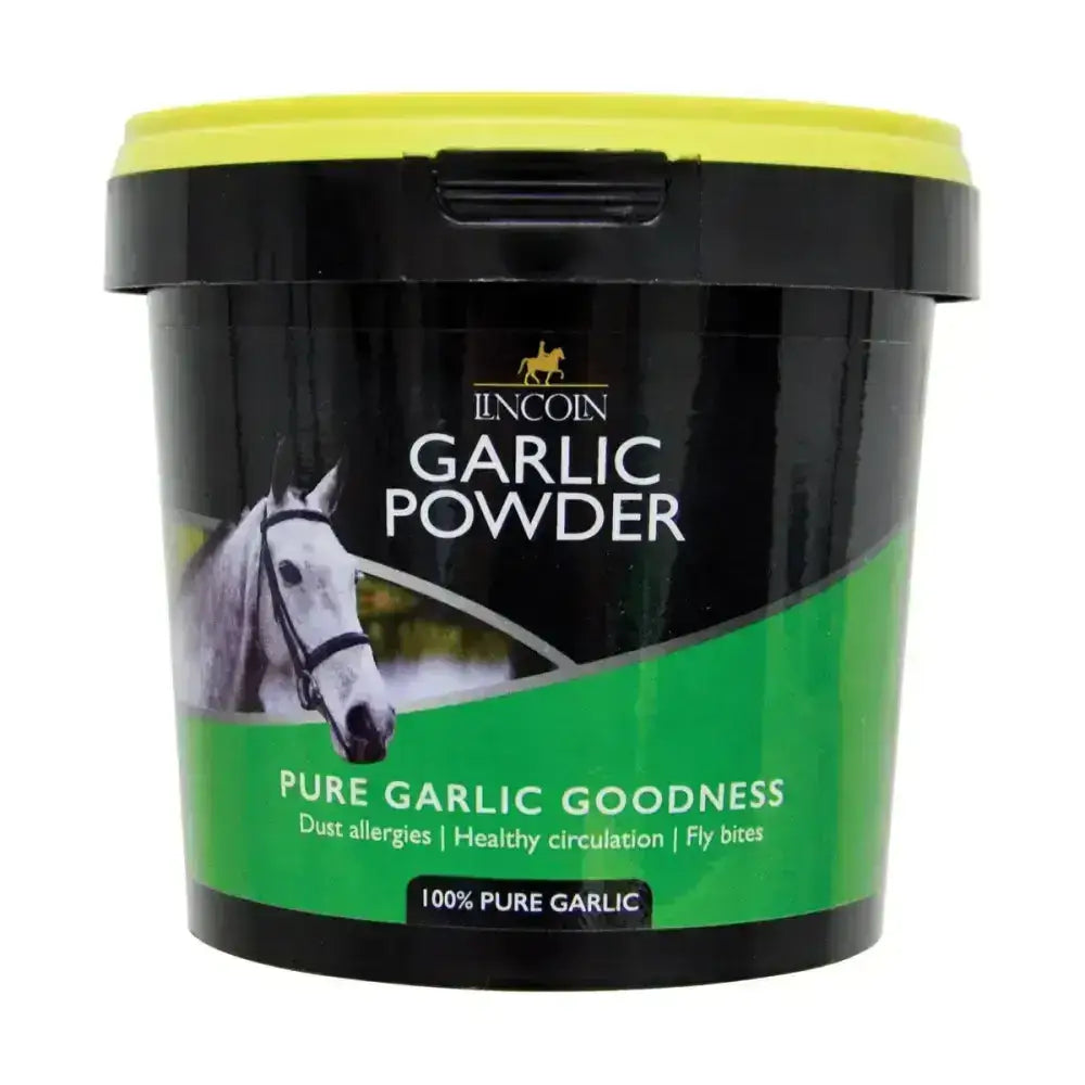 Black and green plastic container with yellow lid labeled lincoln garlic powder for horse supplements vitamins