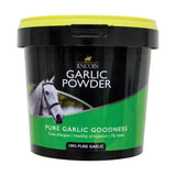 Black and green plastic container with yellow lid labeled lincoln garlic powder for horse supplements vitamins