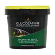 Black and green plastic tub with bright yellow lid labeled lincoln glucosamine premier concentrate glucosamine supplement with added msm for horse joint health