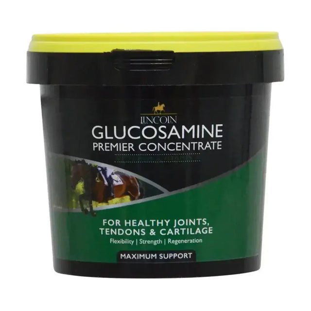 Black and green plastic tub with yellow lid labeled lincoln glucosamine premier concentrated glucosamine supplement for horse joints