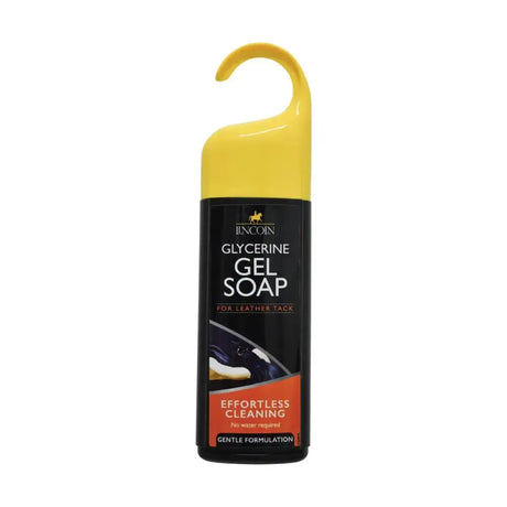 Yellow and black lincoln glycerine gel soap bottle with hook for hanging designed for cleaning horse tack leather
