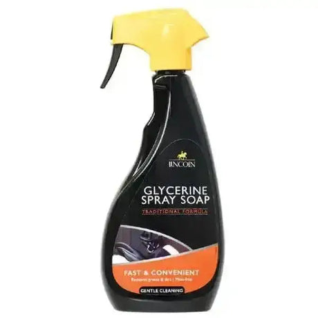 Black Lincoln glycerine spray soap bottle with yellow spray nozzle by Incognito for easy hand cleaning