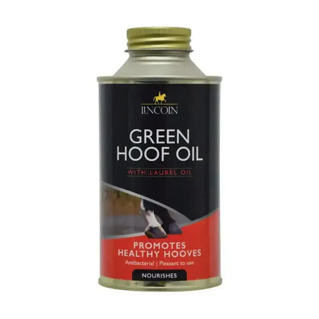Lincoln green hoof oil european style hoof dressing in a metallic can with laurel oil and black red label