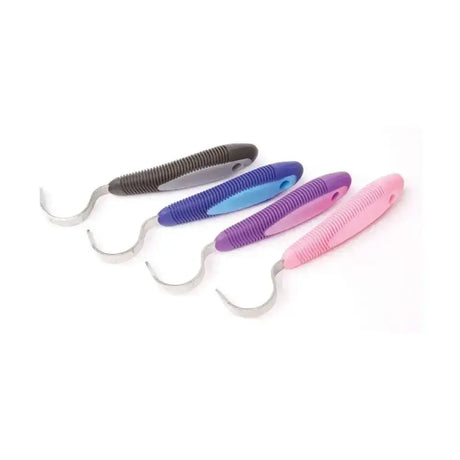 Set of four colorful lincoln grippee hoof picks with soft touch silicone handles and sturdy metallic curved hooks