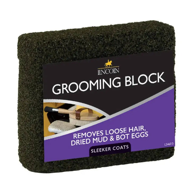 Dark green textured lincoln grooming block with purple label for removing loose hair and bot eggs