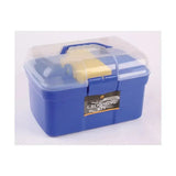 Blue plastic lincoln grooming kit with clear lid, handle, hoof oil brush, and dandy brush for easy horse care
