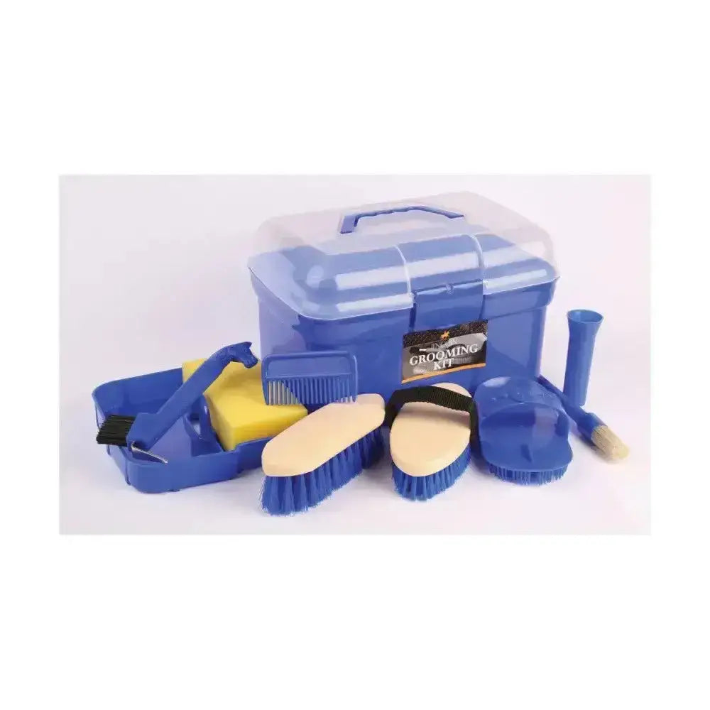 Blue plastic lincoln grooming kit with clear lid includes hoof oil brush dandy brush and assorted horse care tools