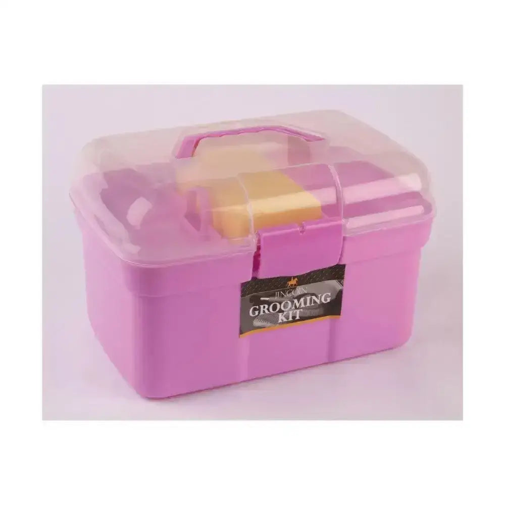 Pink plastic lincoln grooming kit with clear lid and handle including hoof oil brush and dandy brush inside
