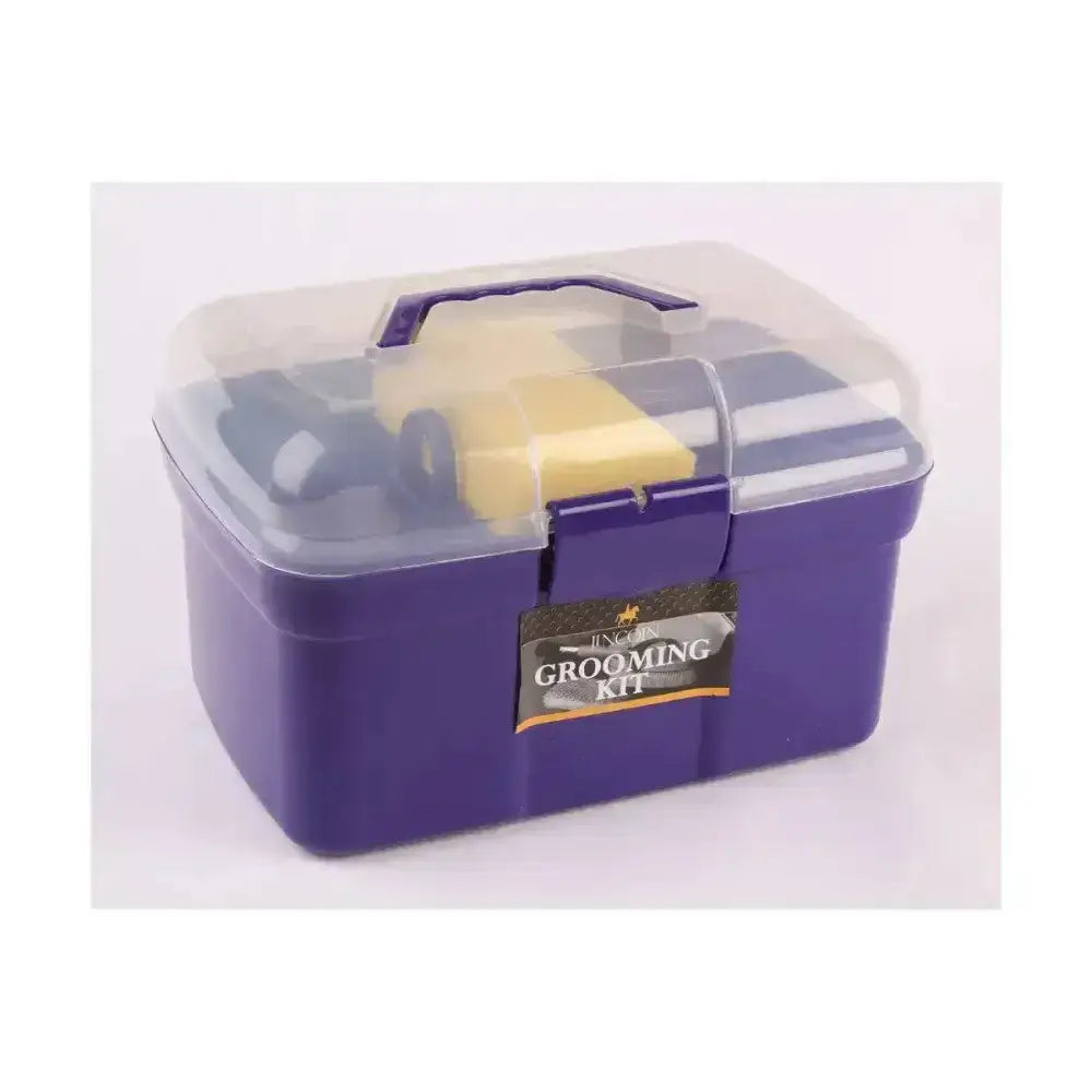Purple plastic lincoln grooming kit with clear lid handle and grooming kit label including hoof oil brush and dandy brush