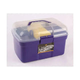 Purple plastic lincoln grooming kit with clear lid handle and grooming kit label including hoof oil brush and dandy brush