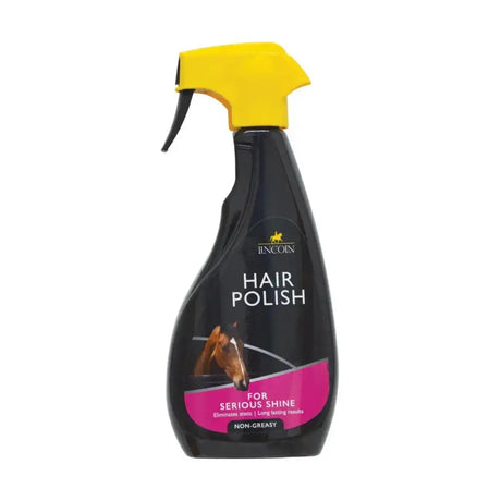 Black plastic spray bottle with bright yellow trigger nozzle labeled lincoln hair polish for long lasting definitive shine