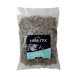 A clear bag of beige cube-shaped lincoln herb stix dog treats by encoin with added palatability