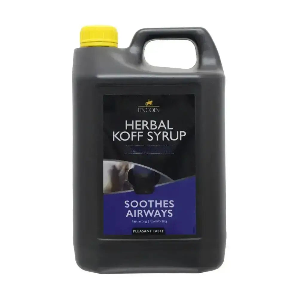 Black plastic jug with yellow cap labeled herbal koff syrup by incion for horse supplements lincoln herbal koff
