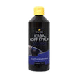 Black plastic bottle with yellow cap labeled lincoln herbal koff herbal koff syrup for horse supplements