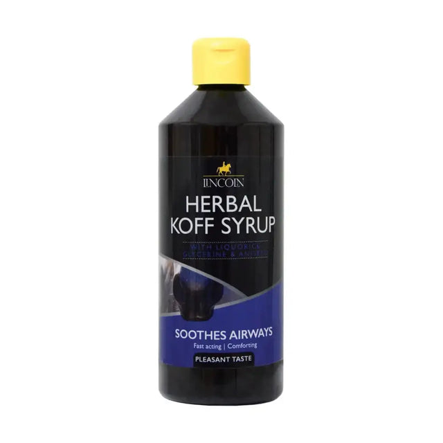 Black plastic bottle with yellow cap labeled lincoln herbal koff syrup for horse supplements with blue silver accents
