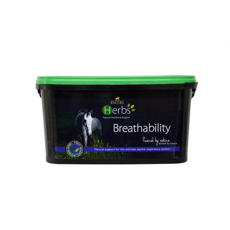 Black plastic tub with green lid labeled lincoln herbs breathability supports respiratory function and maintaining optimum mucus