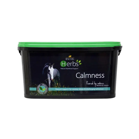 Black plastic tub with bright green lid labeled lincoln herbs calmness for scientifically developed herbal wellbeing and temperament support