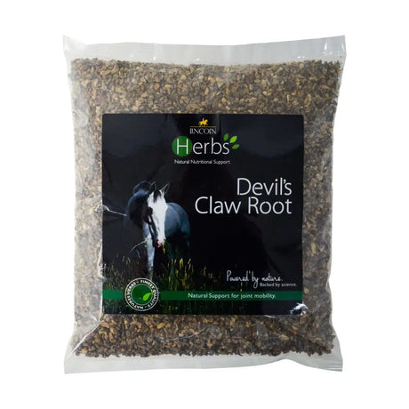 A clear plastic bag of dried chopped devil’s claw root herbs from lincoln herbs african native herb product