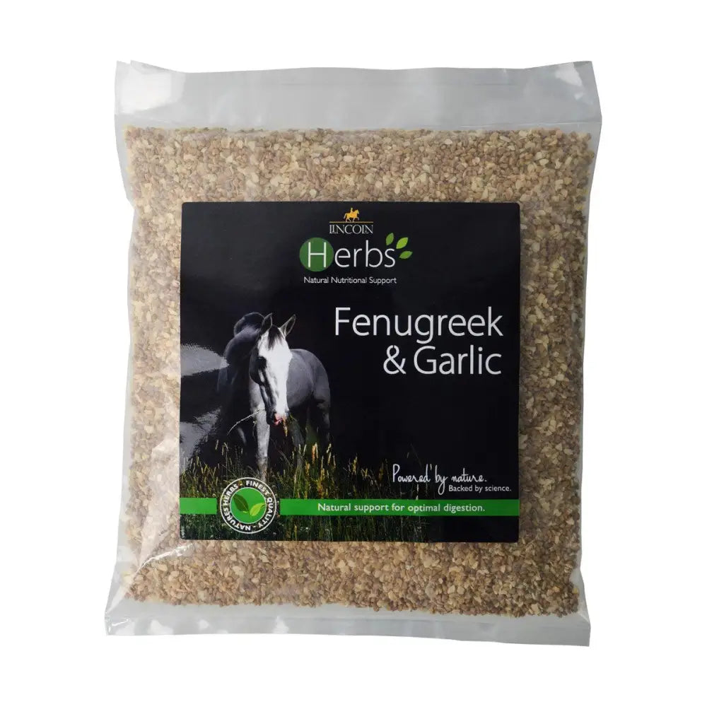 A clear plastic bag of light brown fenugreek and garlic flakes from lincoln herbs fenugreek powerful herbal combination